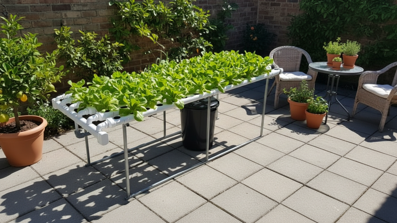 Hydro 110 Horizontal Sistema de cultivo hidropónico com tubos brancos e estrutura metálica com plantas verdes ao ar livre