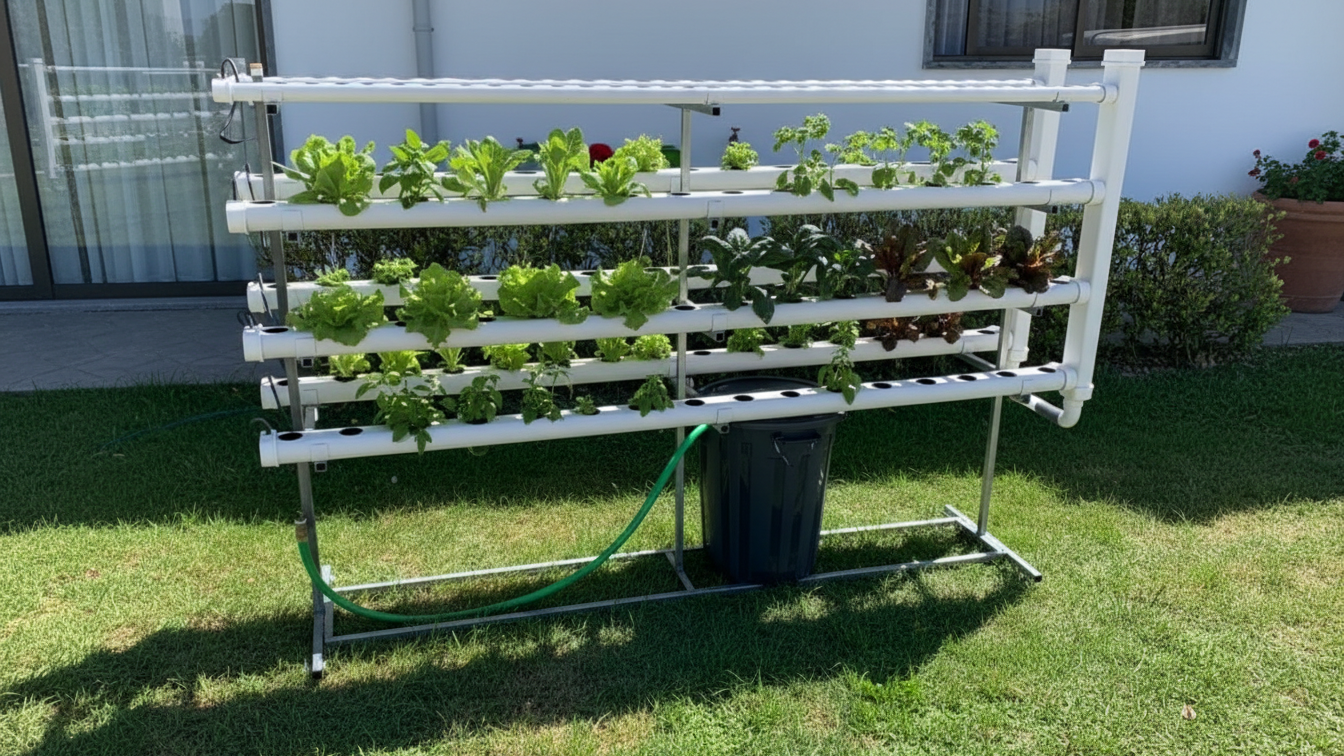 Hydro 160 Vertical Móvel Sistema de cultivo hidropónico com tubos de PVC brancos e plantas verdes em relvado junto a casa