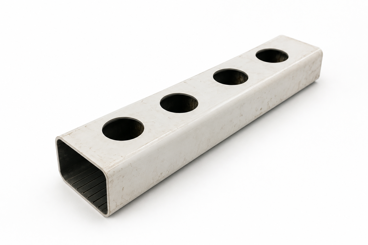 Perfil Hidropónico 80mm Usado — 50cm | 4 Plantas Estrutura metálica retangular cinza com quatro furos circulares