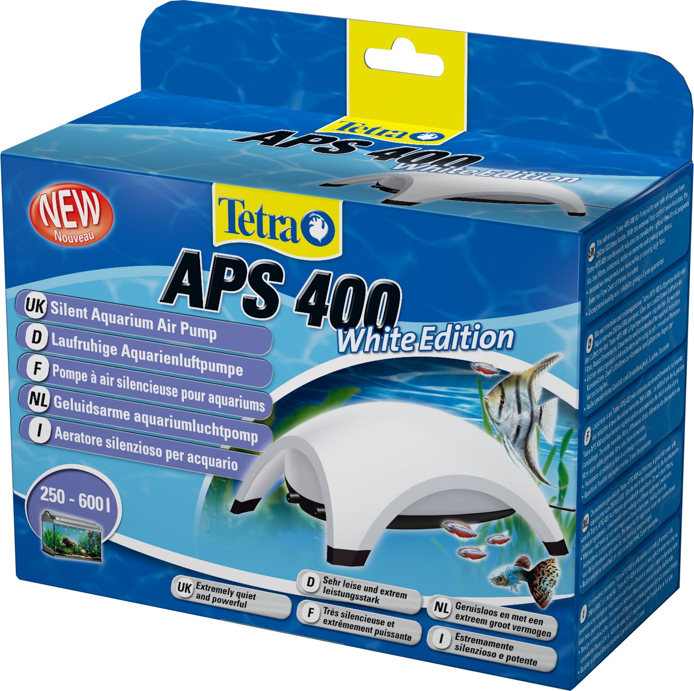 Bomba de ar APS 400 Embalagem azul da bomba de ar para aquário Tetra APS 400 White Edition com texto multilingue