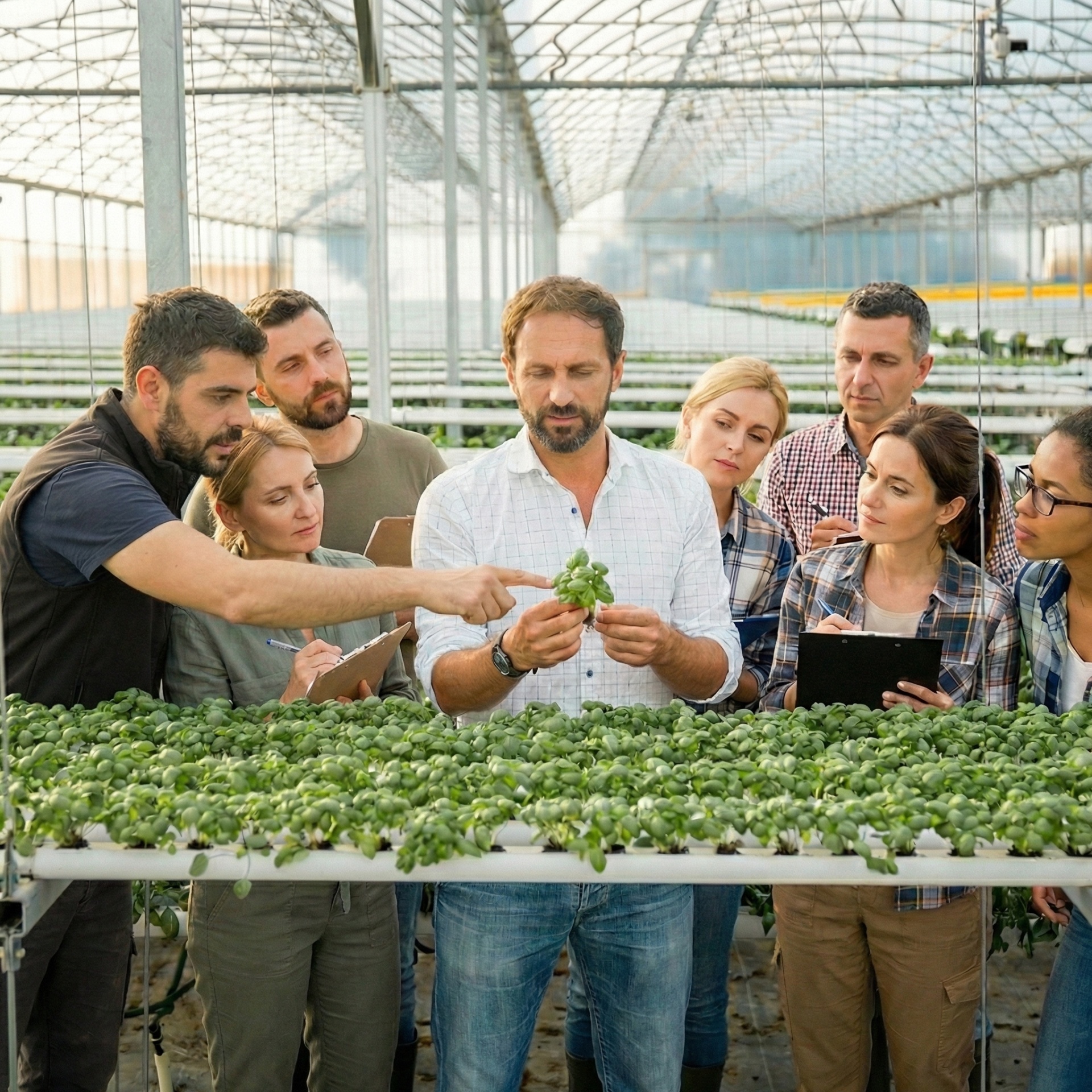 Workshop Hidroponia Teórico-Prático em Estufa - 18 Abril 2026 Grupo de pessoas numa estufa agrícola examinando planta verde