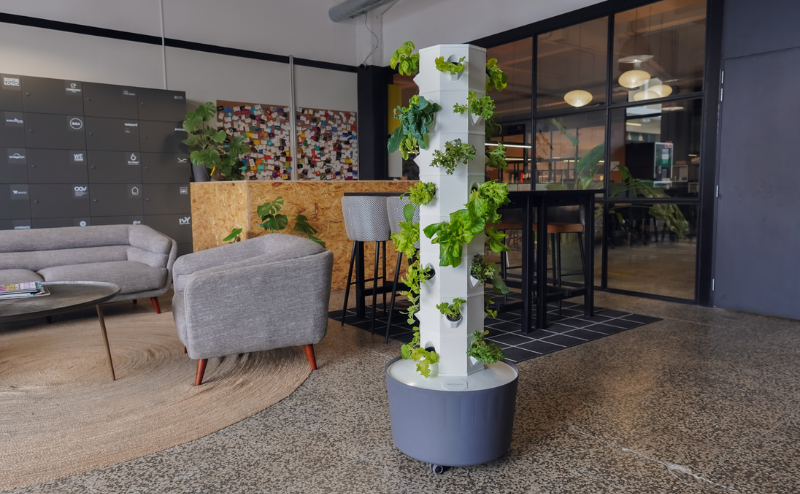 vaso cinza com estrutura vertical branca e plantas verdes num espaço interior moderno