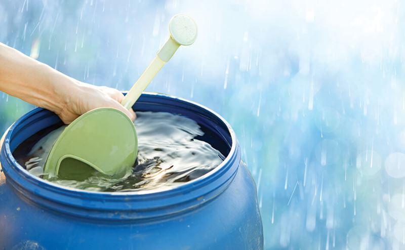 Barril azul com água e concha verde claro a ser usada por uma mão