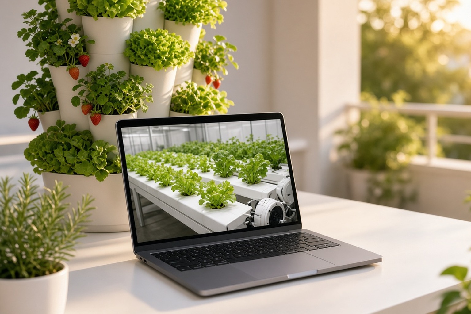 Formação Online "Introdução à Hidroponia" – 31 Outubro 2026 Portátil com ecrã de cultivo hidropónico e plantas em vasos brancos