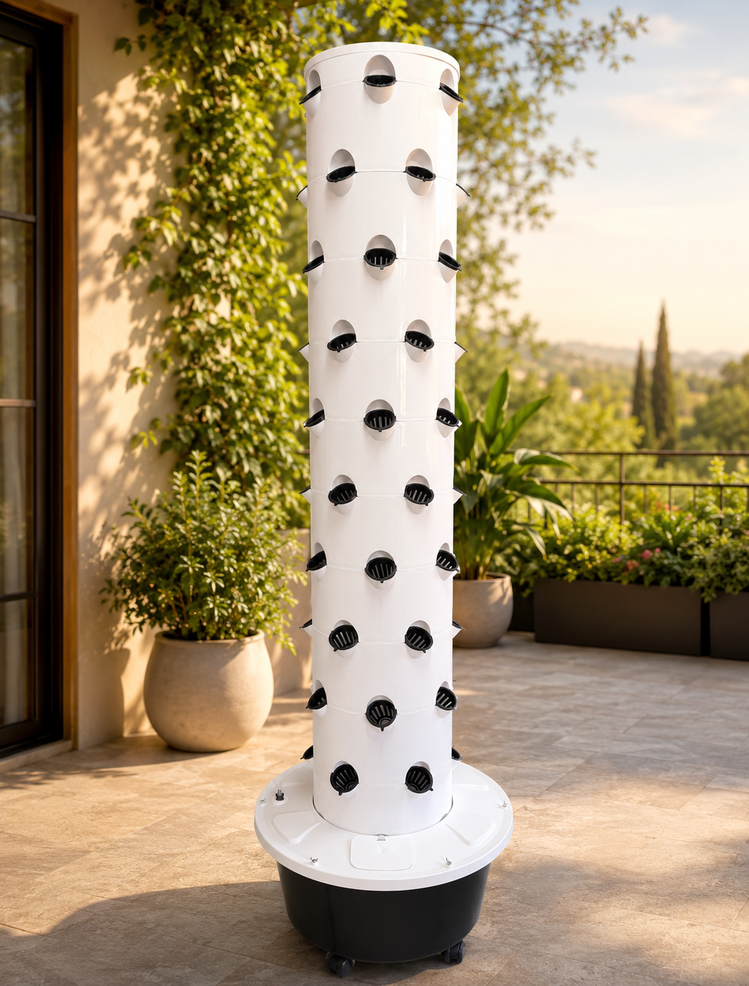 Torre Hidroponia - 60 plantas Torre de cultivo vertical branca com aberturas pretas para plantas num terraço com plantas em vasos