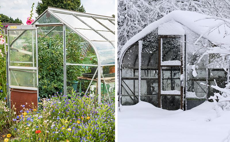 Duas estufas de vidro, uma em jardim florido e outra coberta de neve