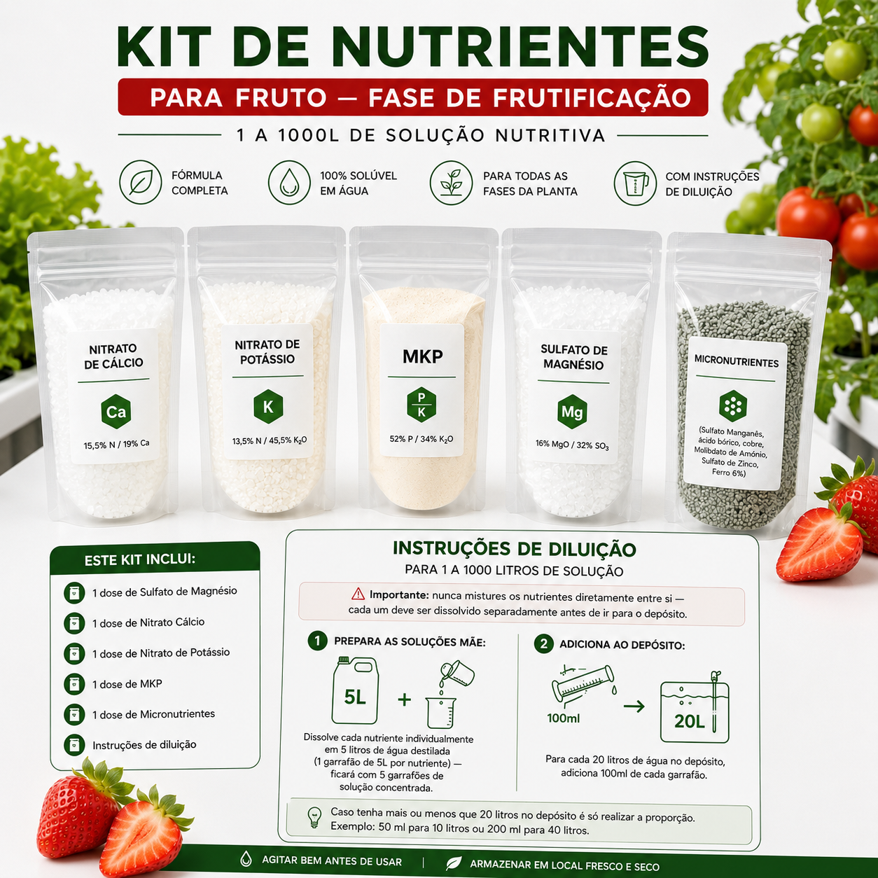 Kit de Nutrientes para Fruto — Fase de Frutificação | 1 a 1000L Kit de nutrientes para frutificação com cinco saquetas transparentes e morangos frescos junto a plantas