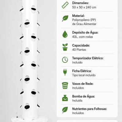 Torre hidropónica vertical branca com vasos negros e painel técnico com especificações