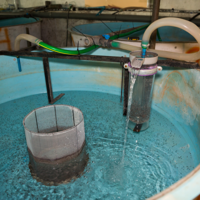 Tanque azul de plástico com água e peixes num ambiente industrial