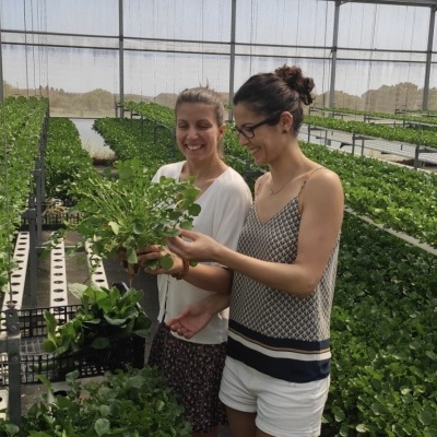 Duas mulheres numa estufa a segurar plantas verdes pequenas.