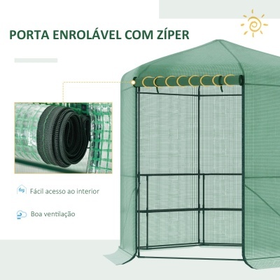 Estufa verde com porta enrolável com zíper, estrutura metálica preta e malha fina