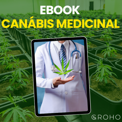 plantas de canábis em vasos com sobreposição de médico segurando folha de canábis e texto ebook canábis medicinal
