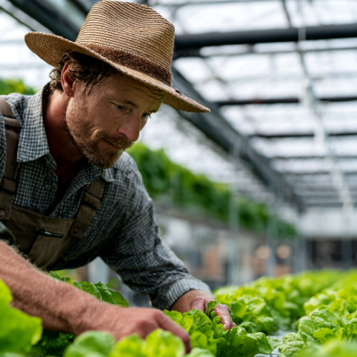 Homem com chapéu de palha e camisa cinza cuida de alfaces numa estufa