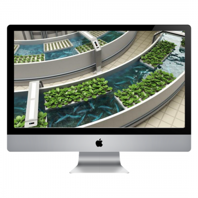 Ecrã de computador Apple iMac a mostrar sistema de cultivo hidropónico com plantas verdes e tanques de água