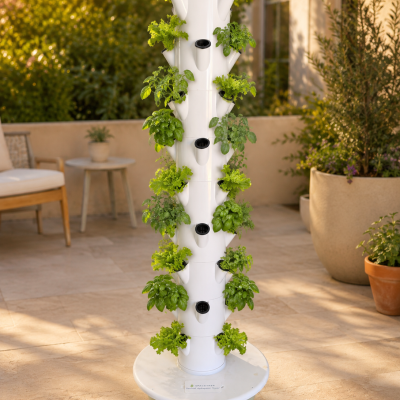 Torre de cultivo hidropónico vertical branca com plantas verdes em ambiente exterior