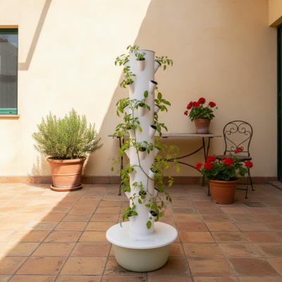 Torre de cultivo hidropónico branca com plantas verdes em vaso no terraço com vasos de barro e cadeira metálica