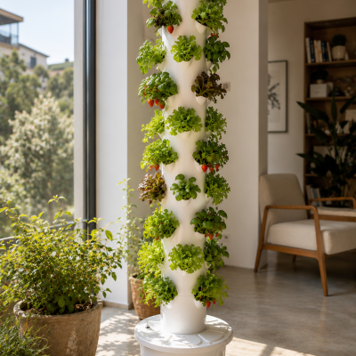 Torre vertical de cultivo hidropónico com plantas e morangos em ambiente interior