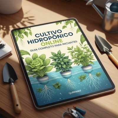 Livro digital sobre cultivo hidropónico online com ilustrações de plantas em vasos e ferramentas de jardinagem numa mesa de madeira