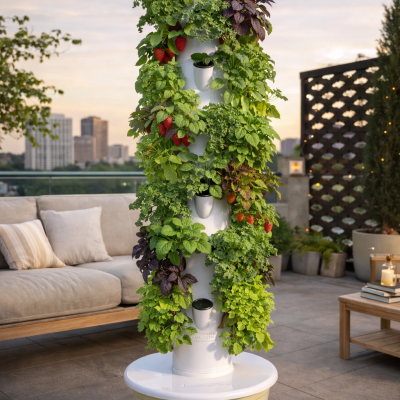 Torre de cultivo hidropónico branca com plantas verdes e morangos vermelhos ao ar livre