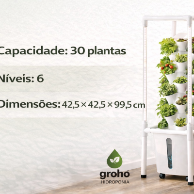 Jardim hidropónico vertical com 6 níveis e plantas variadas