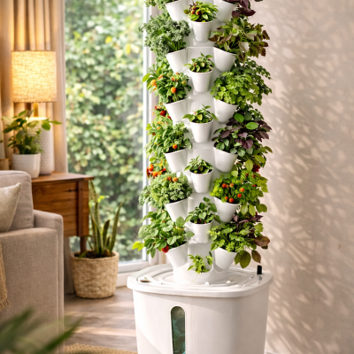 Jardim vertical hidropónico branco com plantas verdes e frutos vermelhos, dentro de sala com sofá bege.