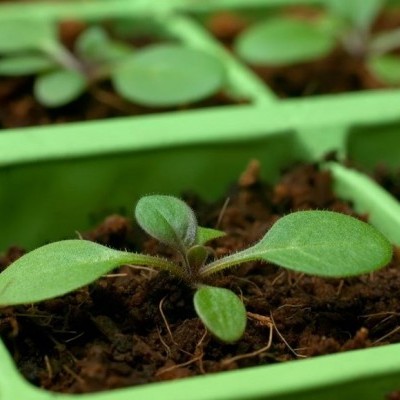 Muda de planta verde em tabuleiro de plástico com terra