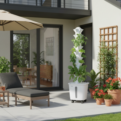 Varanda com espreguiçadeira cinza, guarda-sol, plantas em vasos e uma torre de cultivo branco com plantas verdes