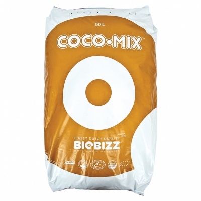 Saco de substrato COCO•MIX BIOBIZZ 50L branco e laranja