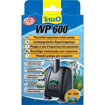 Embalagem da bomba de água para aquário Tetra WP 600 em azul e amarelo com imagem do produto
