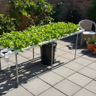 Sistema de cultivo hidropónico com tubos brancos e estrutura metálica com plantas verdes ao ar livre