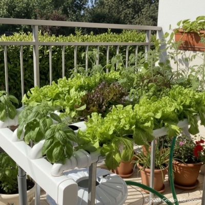 Sistema hidropónico branco com plantas verdes numa varanda com vasos e grades metálicas