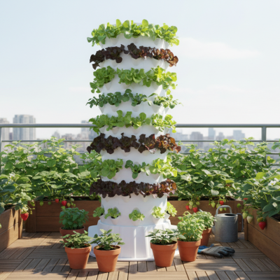 Torre de cultivo hidropónico com alfaces, vasos com plantas e canteiros de morangos num terraço urbano