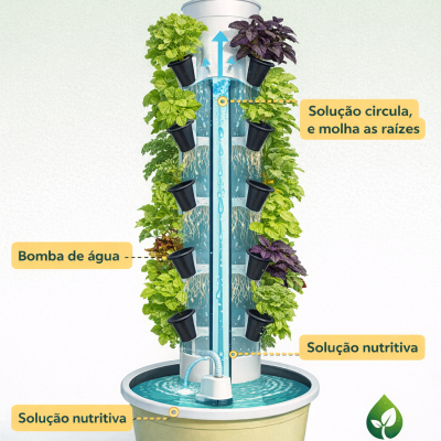 Torre de hidroponia branca com vasos pretos, plantas verdes e roxas, num recipiente bege com água e etiquetas