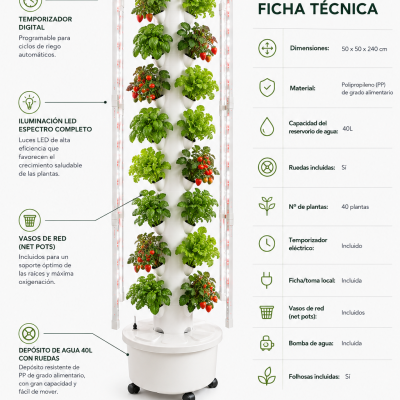 Torre hidroponia branca com plantas e especificações técnicas em fundo branco