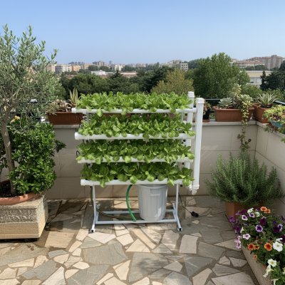 Sistema hidropónico branco com plantas de folhas verdes numa varanda com pedras e vasos de plantas