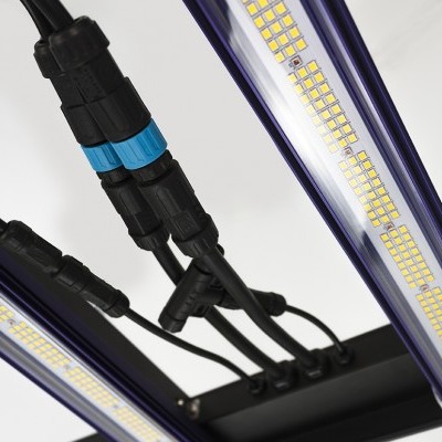 Lâmpadas LED lineares com conectores pretos e anéis azuis, estrutura LED visível.