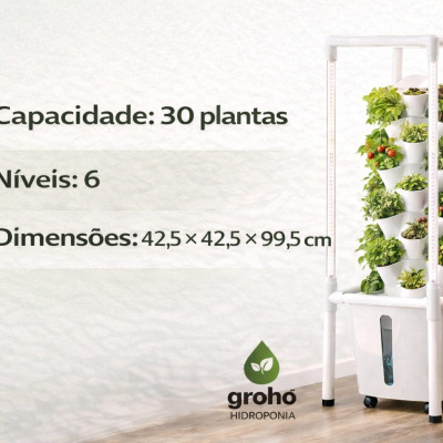 Estufa hidropónica vertical branca com 30 plantas em vasos brancos
