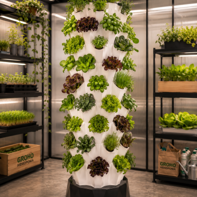 Torre vertical de cultivo hidropónico com plantas verdes e vermelhas em ambiente interior com estantes e caixas.