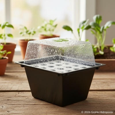 Propagador de plantas com tampa transparente e base preta num ambiente com plantas