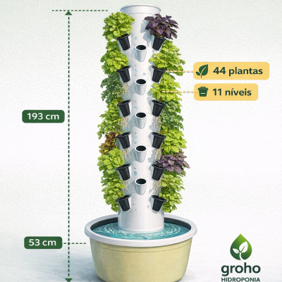 Torre hidroponia branca com plantas em 11 níveis e vaso circular bege com água, texto sobre capacidade e dimensões