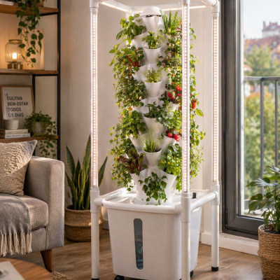 Mini estufa vertical de cultivo hidropónico branca com luzes LED e plantas em vários vasos