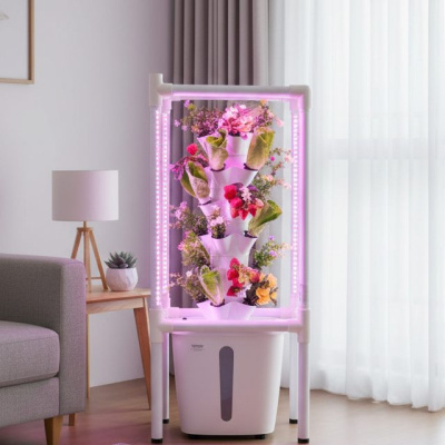 Hidroponia vertical com luz LED e plantas coloridas numa sala moderna