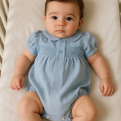 Bebé de body azul claro deitado numa cama com lençol branco