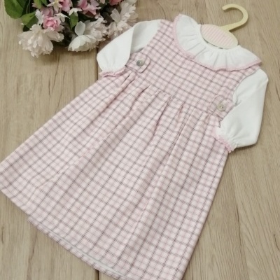Vestido de bebé rosa e branco em padrão xadrez com mangas brancas e gola com folhos, sobre superfície de madeira clara com flores ao lado