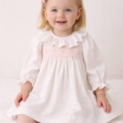 Bebé com vestido branco e laço rosa no cabelo sentada.