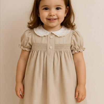 Vestido bege de bebé com gola branca e botões.