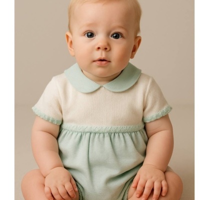Bebé vestido com macacão branco e verde senta-se em fundo bege