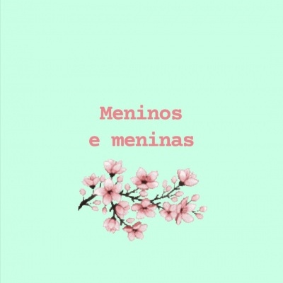 Texto 'Meninos e meninas' em rosa com ramo de flores cor-de-rosa num fundo verde claro