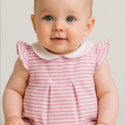 Bebé com macacão às riscas cor-de-rosa e branco