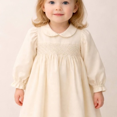 Vestido infantil creme com gola redonda e smock no peito, criança loira com fundo neutro.
